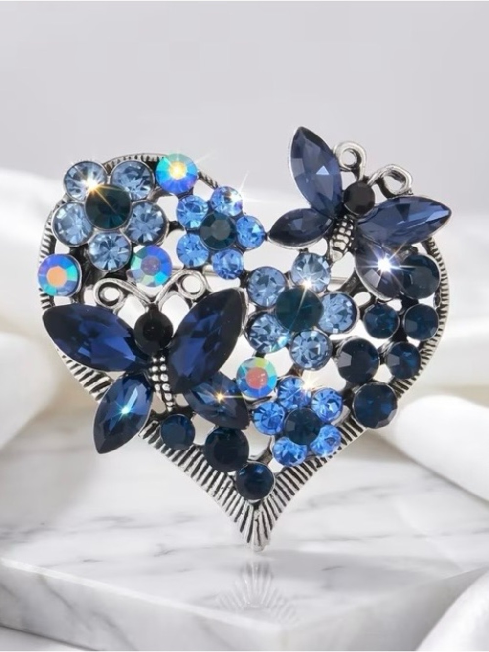 Blue Crystal Butterfly Heart Brooch Vintage Style Rhinestone